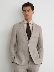 Reiss Oatmeal Brown Epsom Linen-Wool Single-Breasted Check Blazer Tailored-Fit - Image 1 of 5