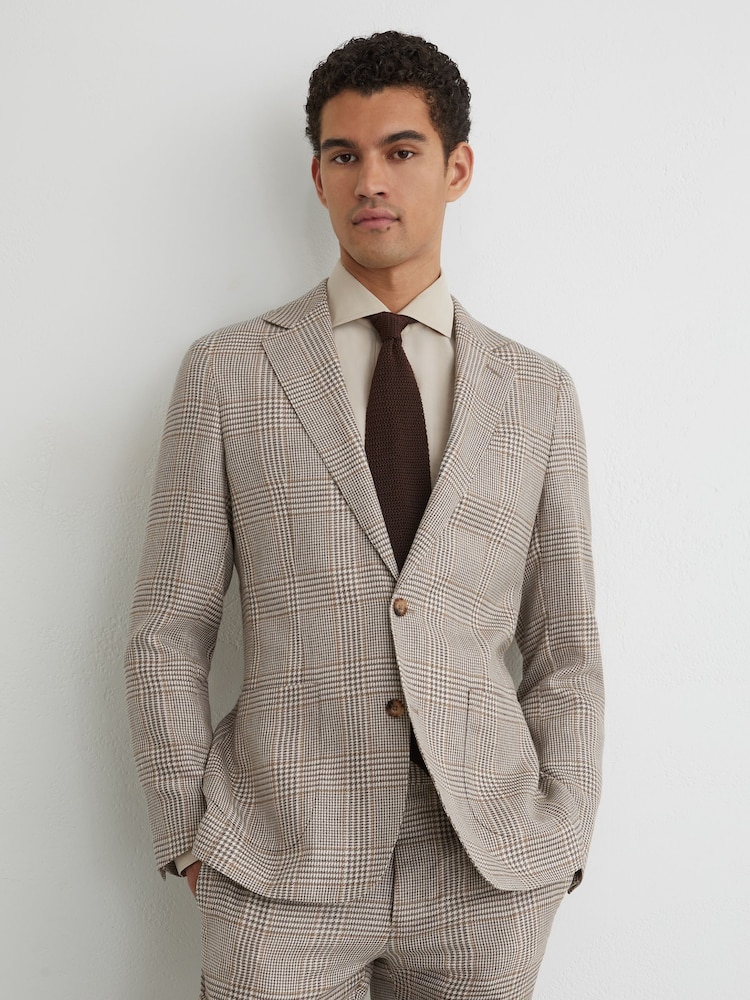 Reiss Oatmeal Brown Epsom Linen-Wool Single-Breasted Check Blazer Tailored-Fit - Image 1 of 5 Reiss Oatmeal Brown Epsom Linen-Wool Single-Breasted Check Blazer Tailored-Fit - Image 1 of 5