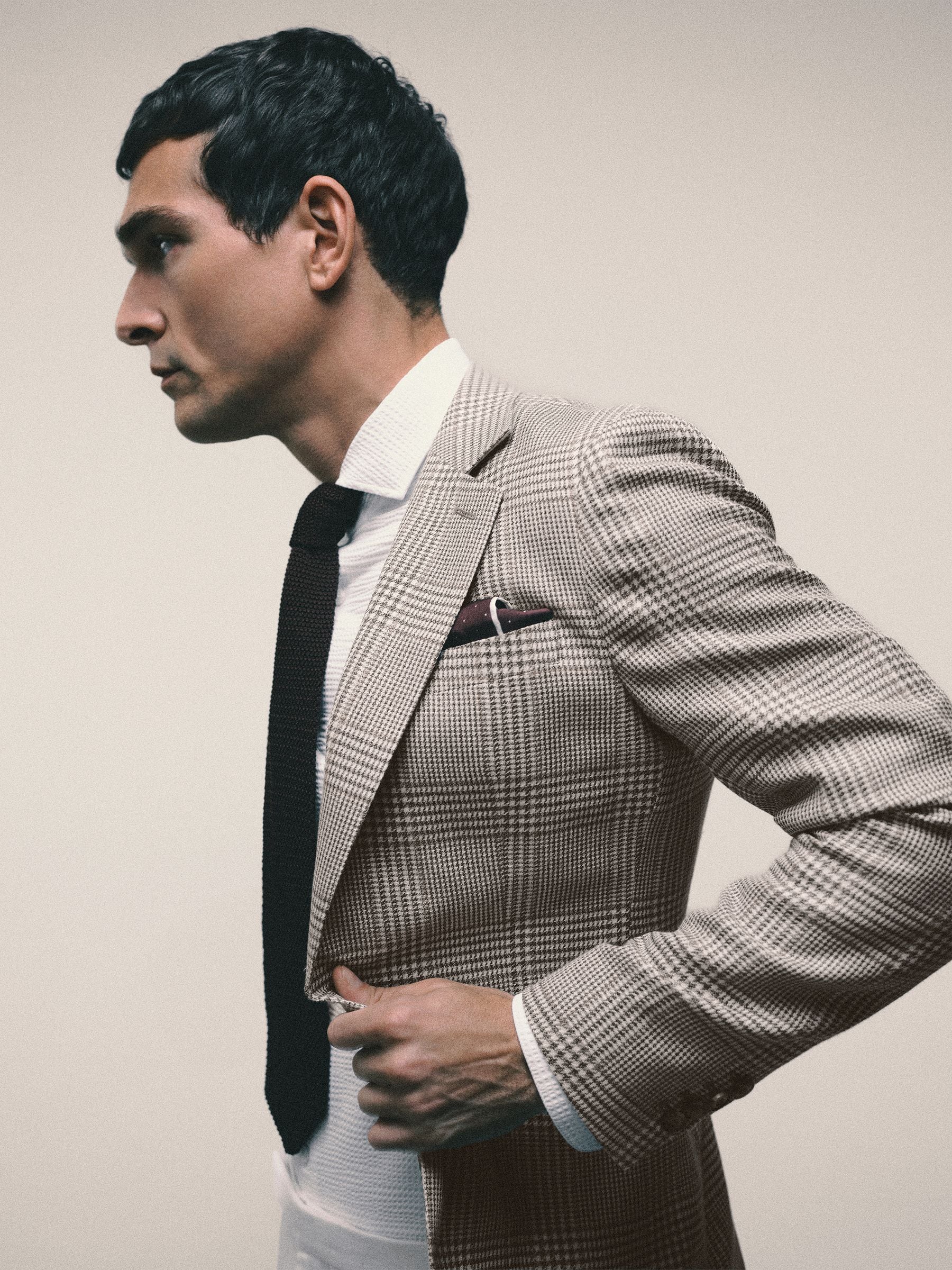 Reiss Men's Oatmeal Brown Epsom Tailored Fit Linen-Wool Single-Breasted Check Blazer