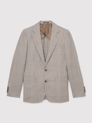 Reiss Oatmeal Brown Epsom Linen-Wool Single-Breasted Check Blazer Tailored-Fit - Image 2 of 5
