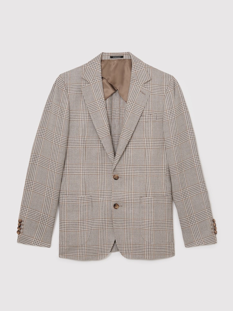 Reiss Oatmeal Brown Epsom Linen-Wool Single-Breasted Check Blazer Tailored-Fit - Image 2 of 5 Reiss Oatmeal Brown Epsom Linen-Wool Single-Breasted Check Blazer Tailored-Fit - Image 2 of 5