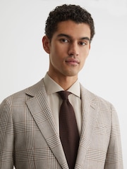 Reiss Oatmeal Brown Epsom Linen-Wool Single-Breasted Check Blazer Tailored-Fit - Image 3 of 5