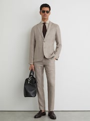 Reiss Oatmeal Brown Epsom Linen-Wool Single-Breasted Check Blazer Tailored-Fit - Image 4 of 5