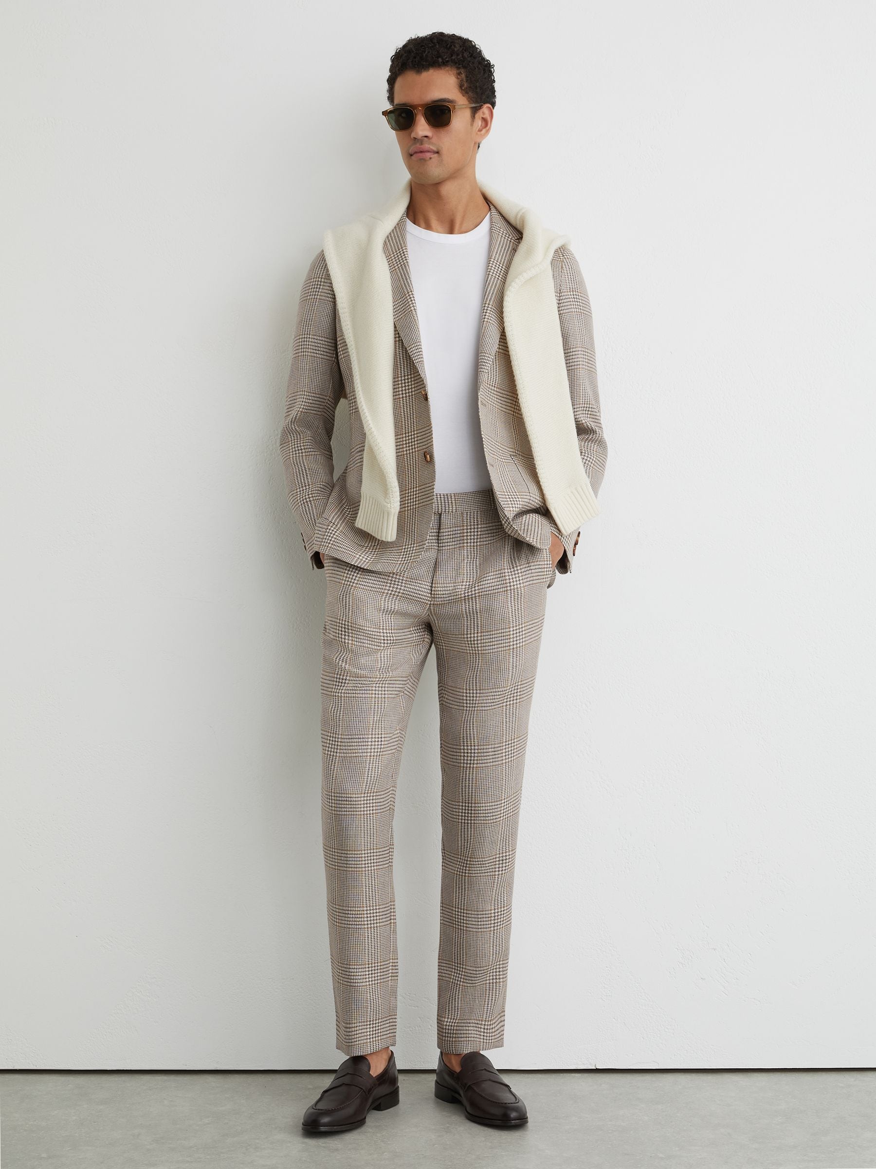 Reiss Men's Oatmeal Brown Epsom Tailored Fit Linen-Wool Check Suit Trousers