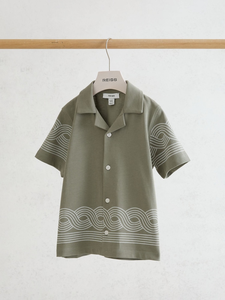Reiss Sage Green/White Arden 9-13 yrs Cotton Embroidered Cuban-Collar Shirt - Image 1 of 3 Reiss Sage Green/White Arden 9-13 yrs Cotton Embroidered Cuban-Collar Shirt - Image 1 of 3