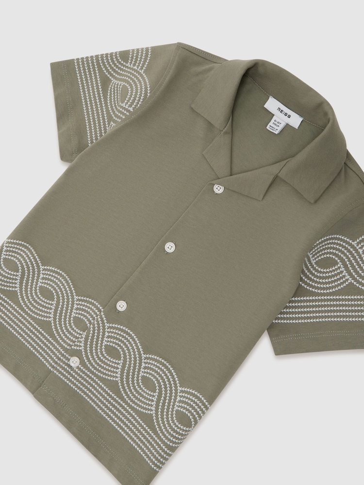 Reiss Sage Green/White Arden 9-13 yrs Cotton Embroidered Cuban-Collar Shirt - Image 2 of 3 Reiss Sage Green/White Arden 9-13 yrs Cotton Embroidered Cuban-Collar Shirt - Image 2 of 3