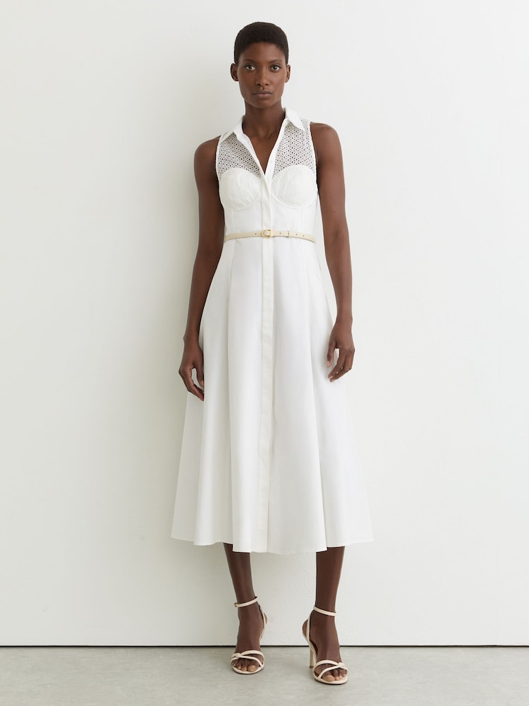 white stretch cotton broderie anglaise midi dress Reiss Hera Cotton Broderie-detail Midi Dress