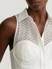 Reiss Ivory Hera Cotton Broderie-Detail Midi Dress with Stretch - Image 5 of 7