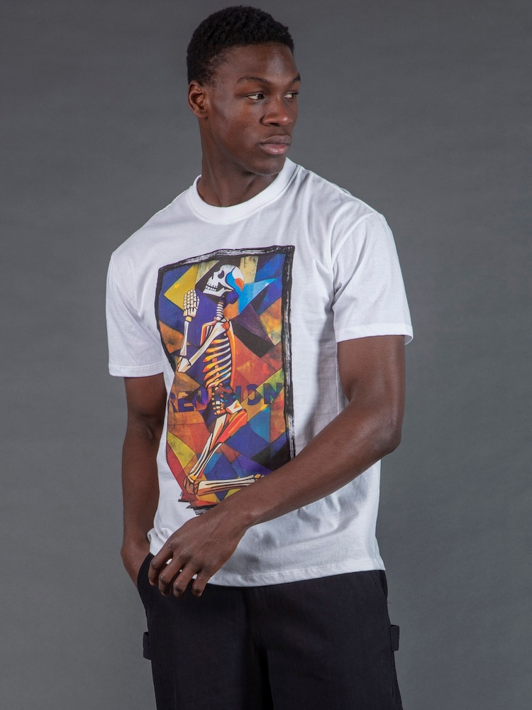 Religion White Praying Skeleton Cubism T-Shirt - Image 4 of 4