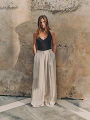 The Set 2 Pack Pleasted Front Wide Leg Trousers With Linen Navy Blue/Cream - Image 1 of 6