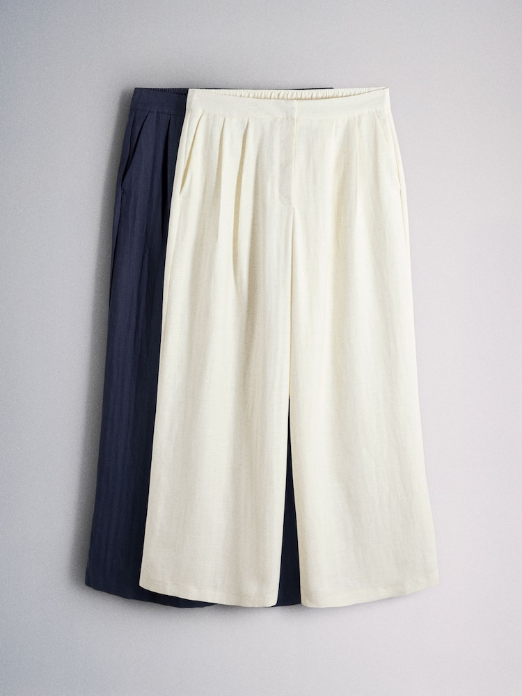 The Set 2 Pack Pleasted Front Wide Leg Trousers With Linen Navy Blue/Cream - Image 2 of 6