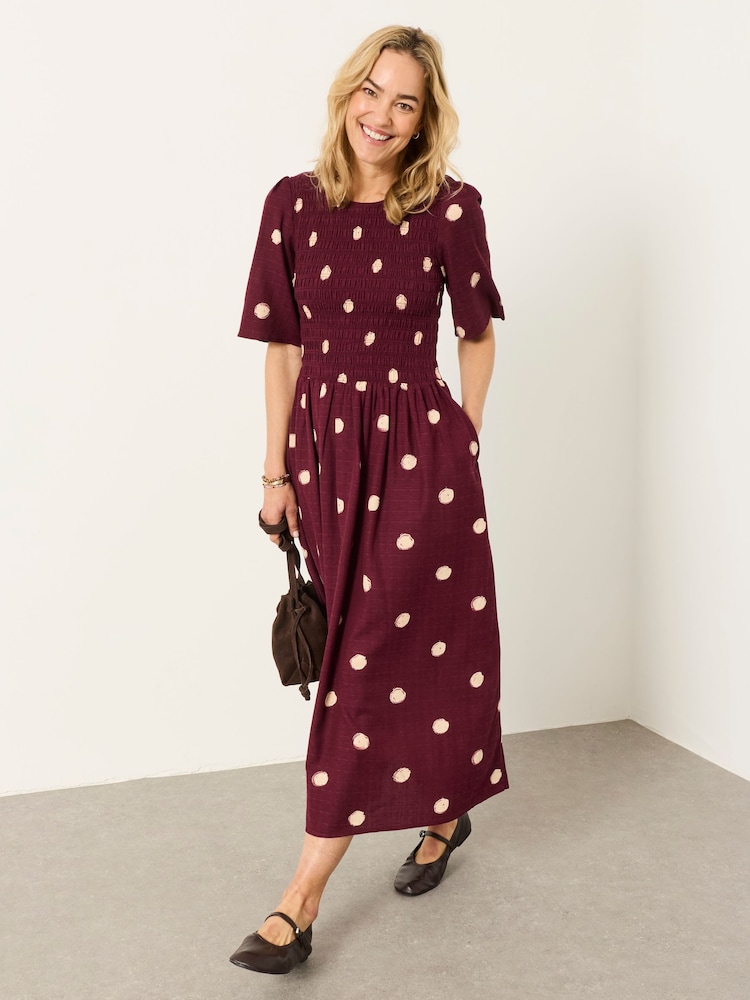 FatFace Burgundy Red Spot Alice Midi Dress - Image 1 of 6
