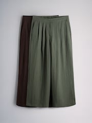 The Set 2 Pack Pleasted Front Wide Leg Trousers With Linen Chocolate Brown/Khaki Green - Image 1 of 9