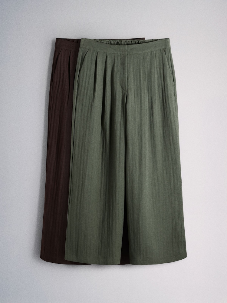 The Set 2 Pack Pleasted Front Wide Leg Trousers With Linen Chocolate Brown/Khaki Green - Image 1 of 9