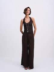 The Set 2 Pack Pleasted Front Wide Leg Trousers With Linen Chocolate Brown/Khaki Green - Image 2 of 9