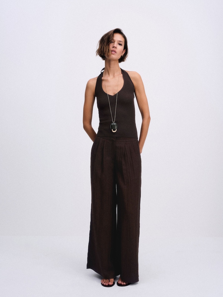 The Set 2 Pack Pleasted Front Wide Leg Trousers With Linen Chocolate Brown/Khaki Green - Image 2 of 9