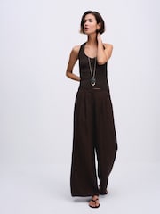 The Set 2 Pack Pleasted Front Wide Leg Trousers With Linen Chocolate Brown/Khaki Green - Image 3 of 9