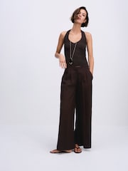 The Set 2 Pack Pleasted Front Wide Leg Trousers With Linen Chocolate Brown/Khaki Green - Image 4 of 9