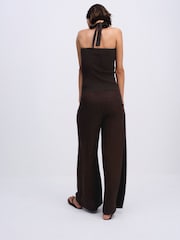The Set 2 Pack Pleasted Front Wide Leg Trousers With Linen Chocolate Brown/Khaki Green - Image 5 of 9