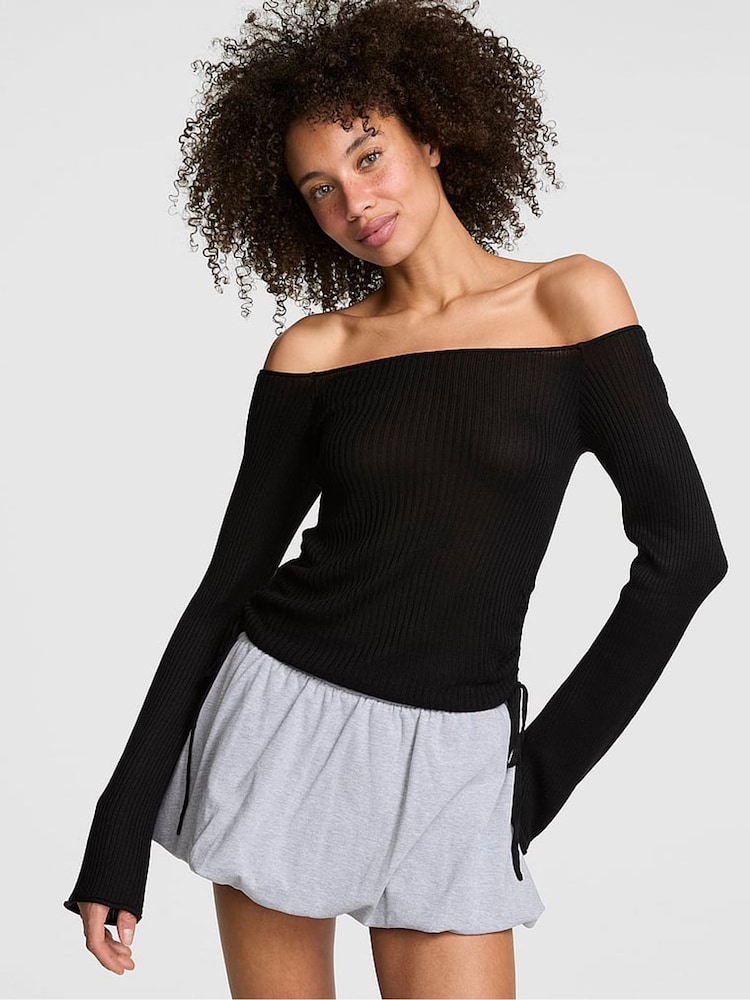 Victoria's Secret Pink Black Off the Shoulder Ruched Rib Top - Image 1 of 2