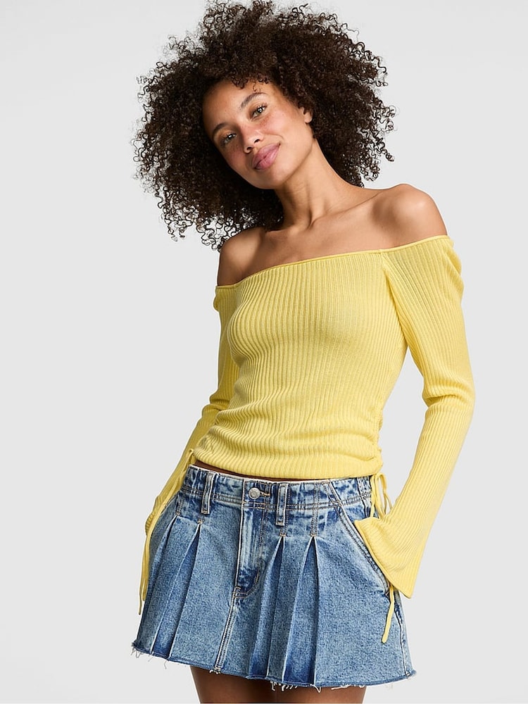 Victoria's Secret Pink Lemon Tree Yellow Off the Shoulder Ruched Rib Top - Image 1 of 2