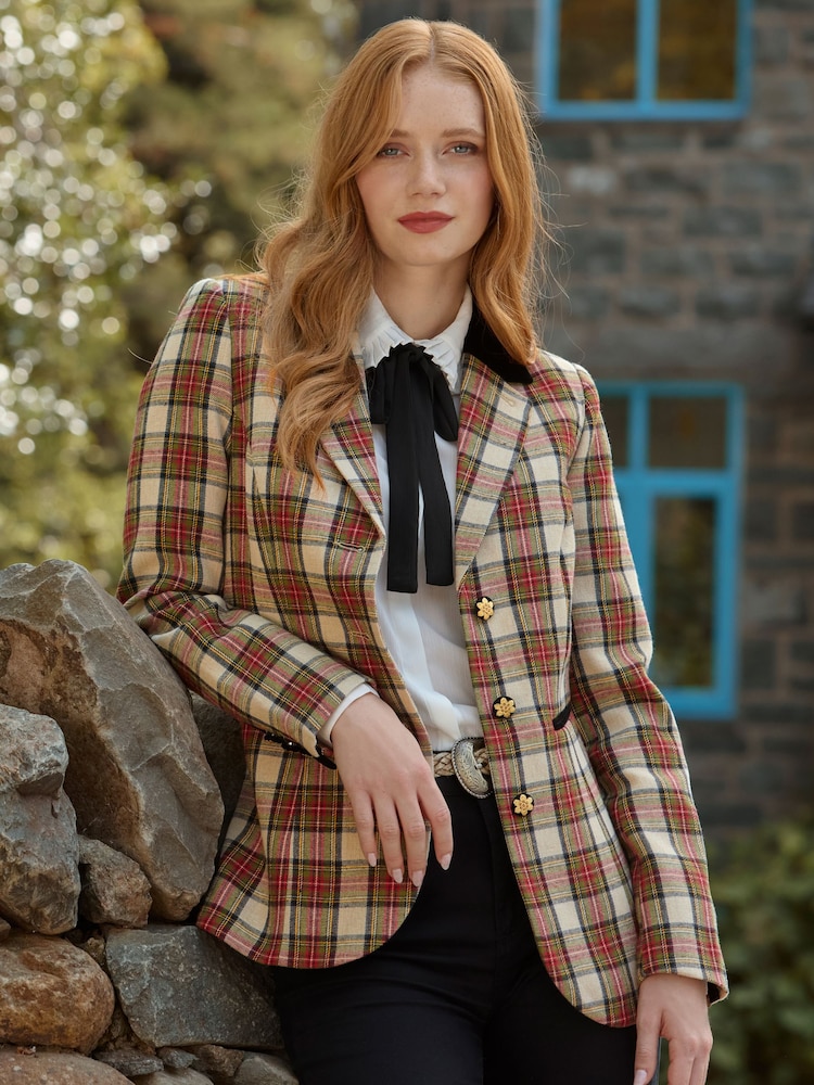 Joe Browns Cream Petite Velour Collar And Trim Check Jacket - Image 1 of 7 Joe Browns Cream Petite Velour Collar And Trim Check Jacket - Image 1 of 7