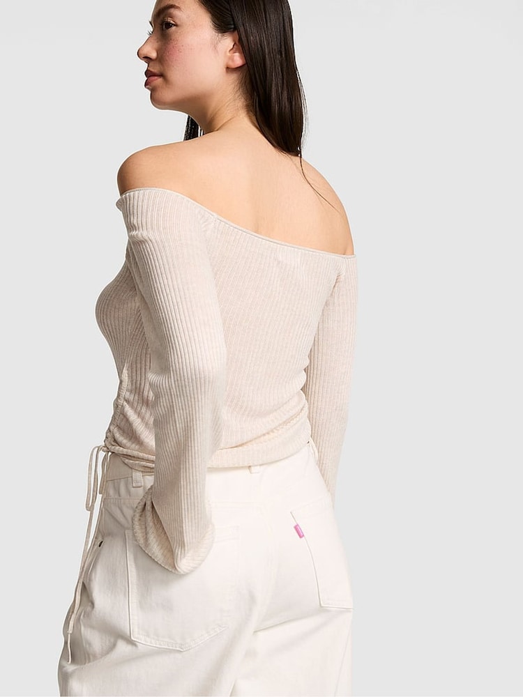 Victoria's Secret Pink Natural Heather Nude Off the Shoulder Ruched Rib Top - Image 2 of 2