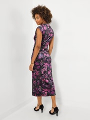 Joe Browns Purple Petite Floral Print Cowl Neck Velour Dress - Image 4 of 7
