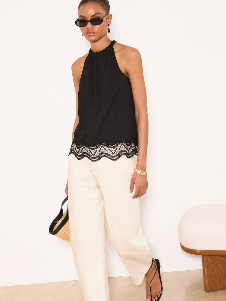 Lipsy Black Lace Hem Halter Neck Top - Image 1 of 5