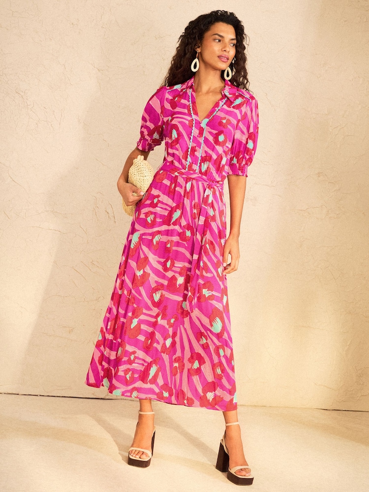 Love & Roses Red Animal Ric Rac Trim Short Sleeve Shirt Midi Dress - Image 4 of 4