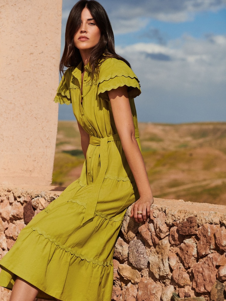 green cotton midi dress Green 100% Cotton Halter Neck Tier Midi Dress 64