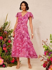 Love & Roses Pink Floral Metallic Ruffle Chiffon Midi Dress - Image 1 of 5