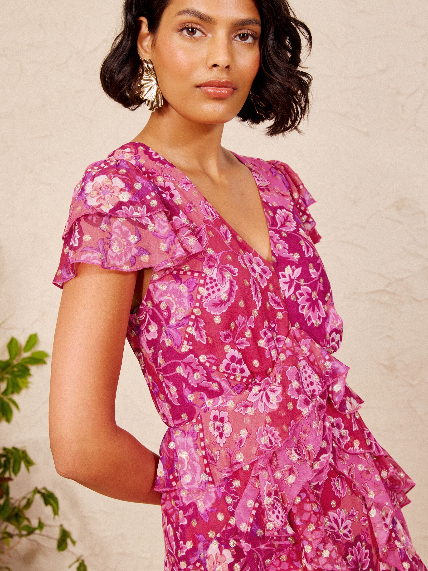 Buy Love & Roses V&A Pink Floral Metallic Ruffle Chiffon Midi