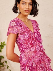 Love & Roses Pink Floral Metallic Ruffle Chiffon Midi Dress - Image 2 of 5