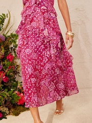 Love & Roses Pink Floral Metallic Ruffle Chiffon Midi Dress - Image 3 of 5