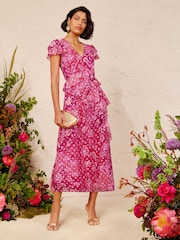 Love & Roses Pink Floral Metallic Ruffle Chiffon Midi Dress - Image 4 of 5
