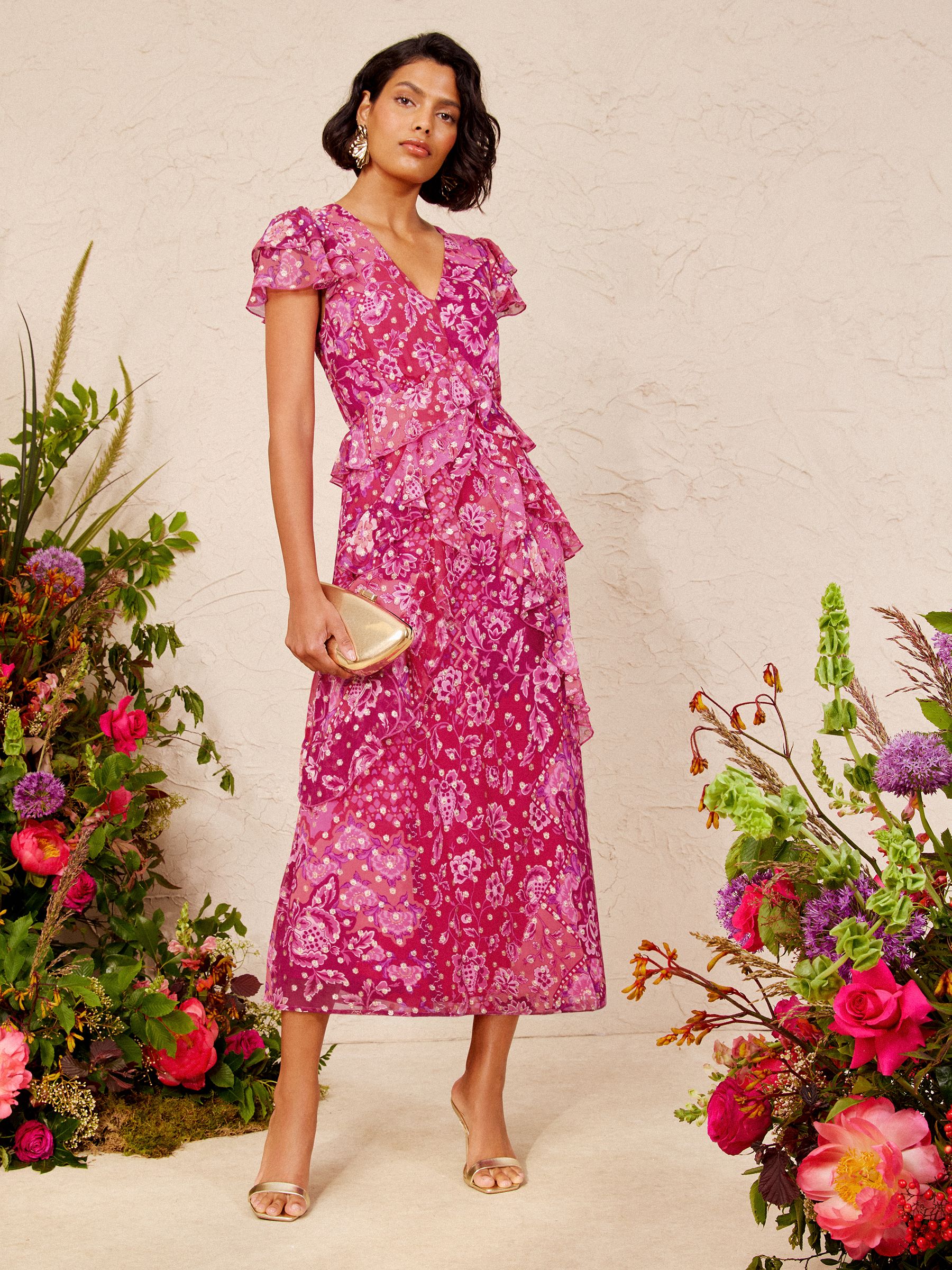 週末10%OFF mame 20PS Flower Printed Dress Buy Love & Roses V&A Pink Floral Metallic Ruffle Chiffon Midi