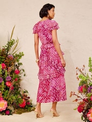 Love & Roses Pink Floral Metallic Ruffle Chiffon Midi Dress - Image 6 of 6