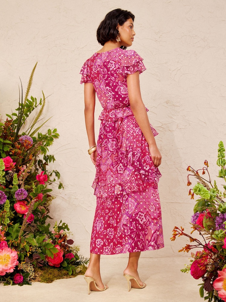 Love & Roses Pink Floral Metallic Ruffle Chiffon Midi Dress - Image 6 of 6