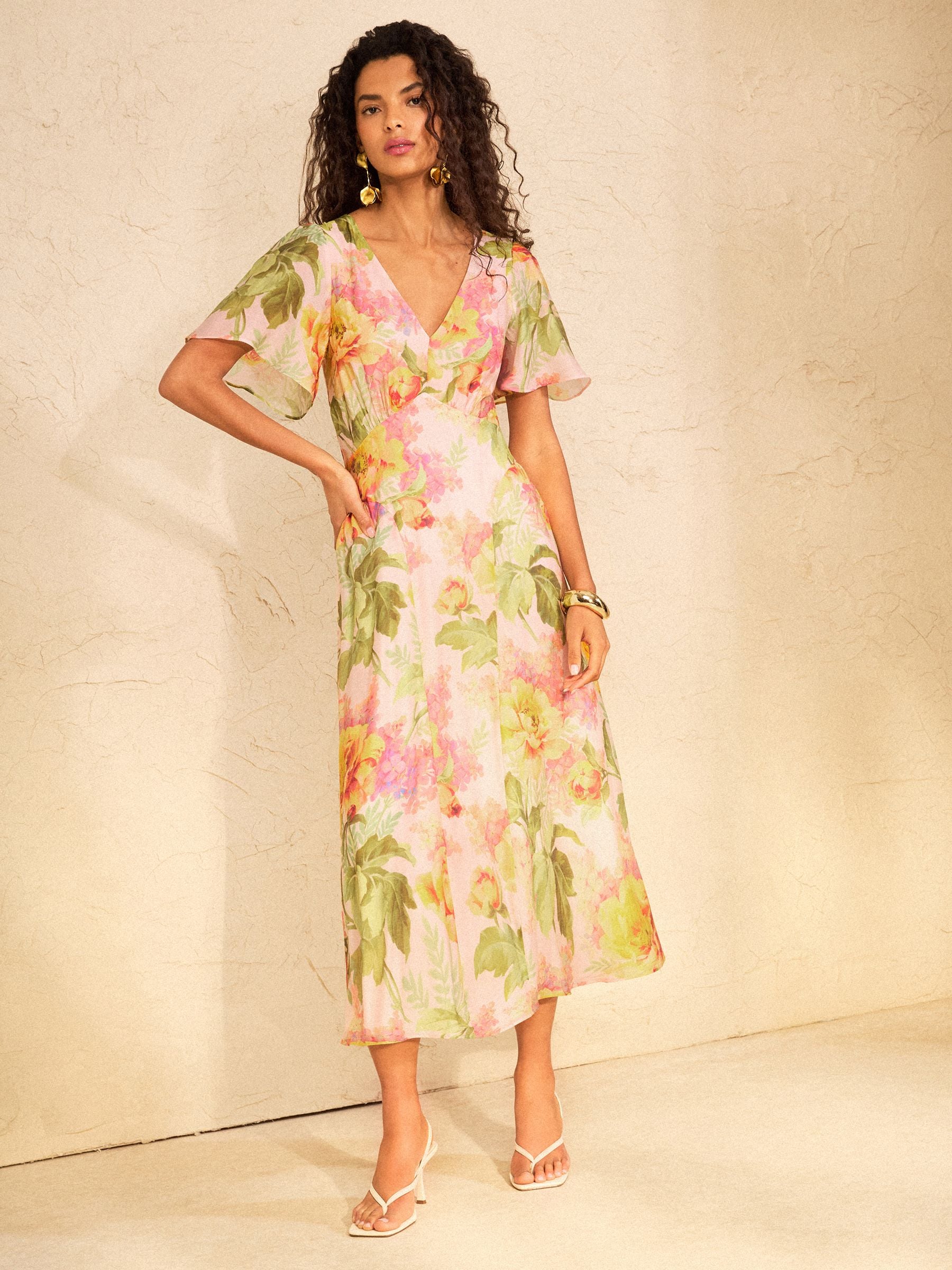 Buy Love & Roses Pale Pink Floral Drop Waist Flutter Sleeve Midi