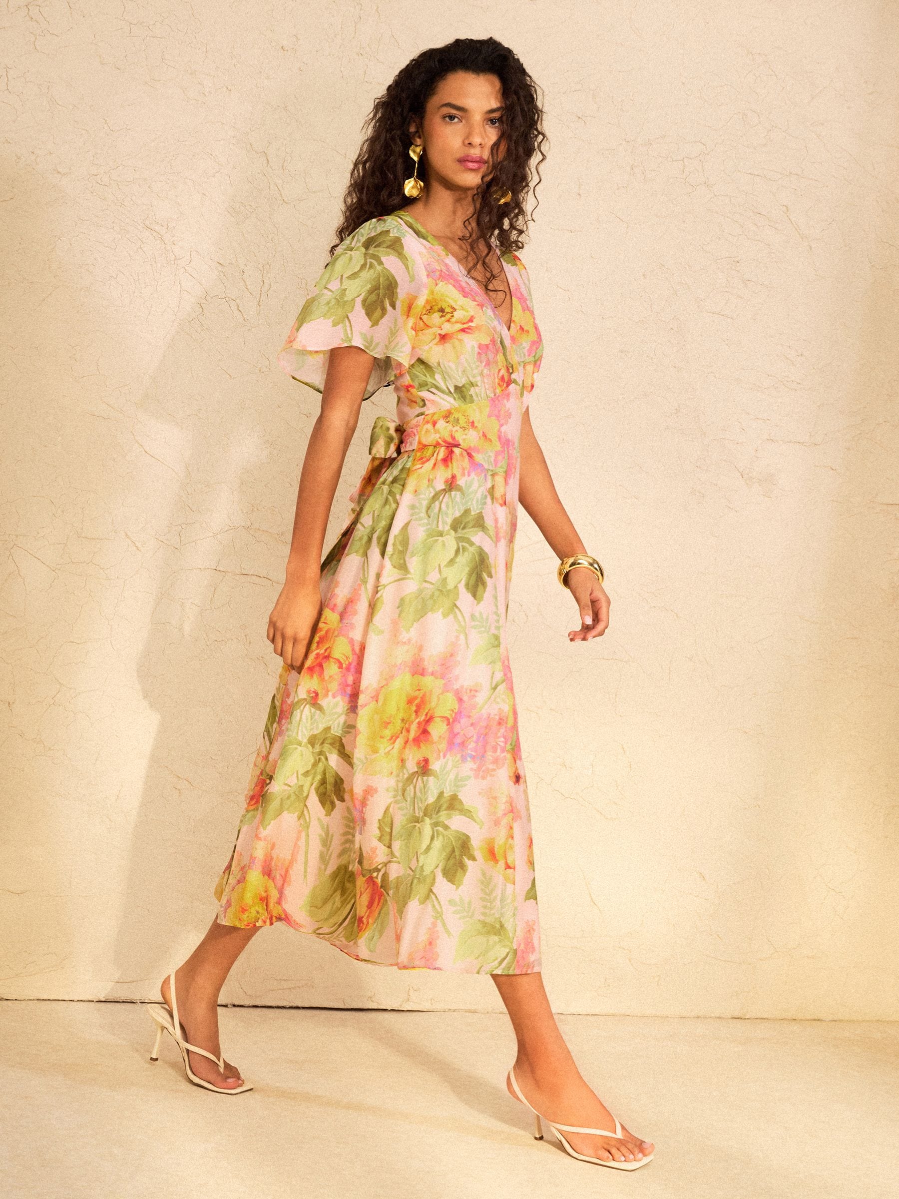 Buy Love & Roses Pale Pink Floral Drop Waist Flutter Sleeve Midi