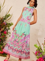 Love & Roses Tropical Metallic Scarf Tie Neck Drop Waist Maxi Dress - Image 1 of 5