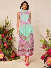 Love & Roses Tropical Metallic Scarf Tie Neck Drop Waist Maxi Dress - Image 2 of 5
