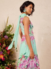Love & Roses Tropical Metallic Scarf Tie Neck Drop Waist Maxi Dress - Image 4 of 5
