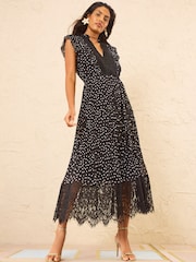 Love & Roses Black Spot Lace Detail Pleated Midi Dress - Image 3 of 5