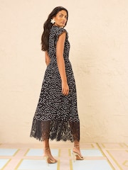 Love & Roses Black Spot Lace Detail Pleated Midi Dress - Image 4 of 5