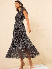 Love & Roses Black Spot Lace Detail Pleated Midi Dress - Image 5 of 5