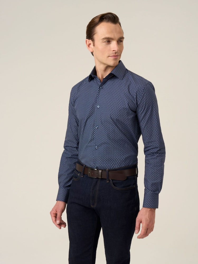 Skopes Blue Cotton Party Alpine Tree Print Tailored Fit Shirt - Image 1 of 6 Skopes Blue Cotton Party Alpine Tree Print Tailored Fit Shirt - Image 1 of 6