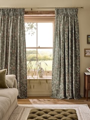 Green Heritage Floral Touch of Linen Pencil Pleat Lined Curtains - Image 1 of 5