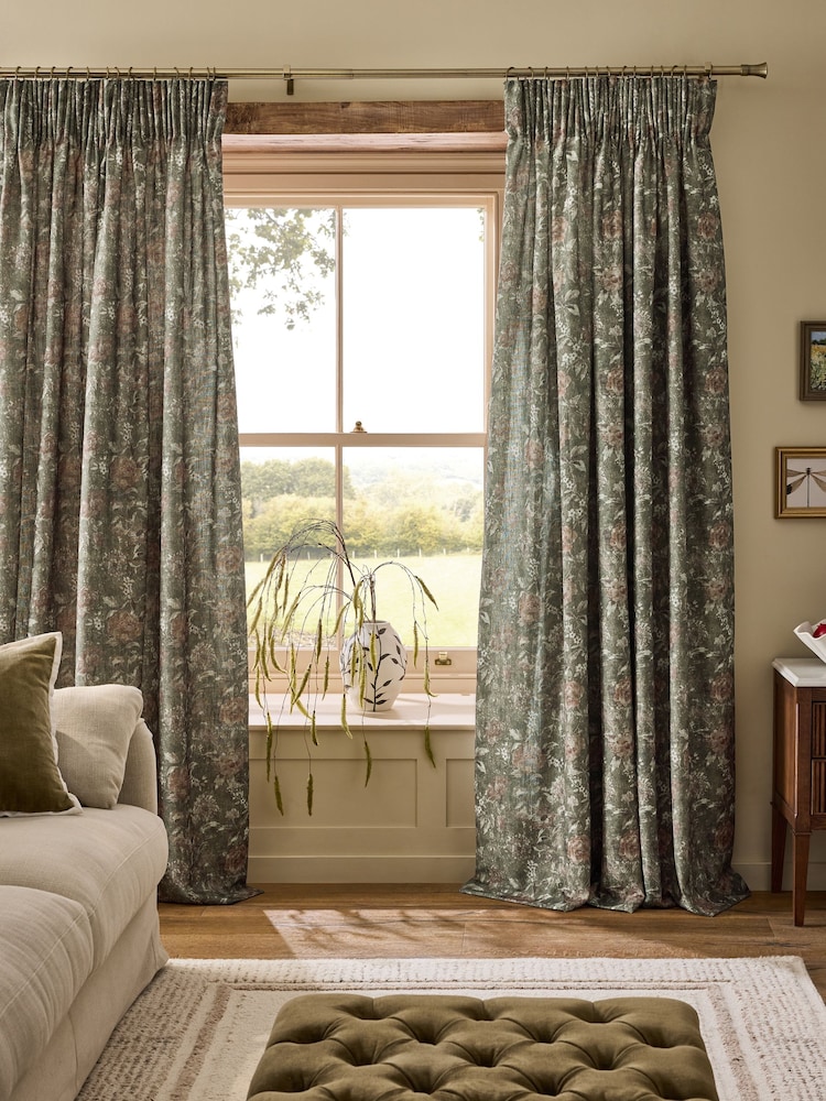 Green Heritage Floral Touch of Linen Pencil Pleat Lined Curtains - Image 1 of 5 Green Heritage Floral Touch of Linen Pencil Pleat Lined Curtains - Image 1 of 5